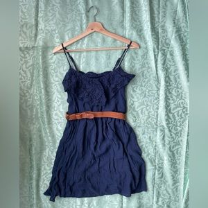 IZ Byer Navy Blue Spaghetti Strap Dress with Lace and Brown Belt